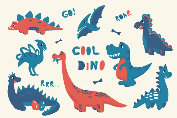Kreslený dinosaurus. Roztomilé čmáranice dino izolované kolekce, rozkošné postavy pro děti ilustrace. Vektorová dětská kreslicí souprava pro textil, potisk nebo plakáty a dětskou výzdobu — Stockový vektor