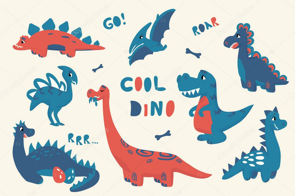 Cartoon dinosaur. Cute doodle baby dino isolated collection, adorable characters for kids illustration. Vector childish drawing set for textile, print or posters and nursery decor
