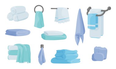 Kumaş battaniye. Katlanmış kumaş mendil, mutfak ve banyo için karikatür yumuşak tekstil. Pamuk peçete ve paçavralar, dizilmiş ve asılmış lüks havlular.