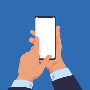 El ele tutuşan akıllı telefon. İnsan kollarında modern çizgi film. Kopya alanı ile dokunmatik ekran. Elektronik cihaz ekran modeli. Telefon uygulaması reklamcılığı. Vektör illüstrasyonu