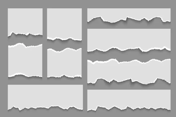 Des notes en papier déchirées. Des bandes blanches déchirées de carnet. Fragments de carton déchiquetés étroits et larges. Des lambeaux de pages de cahier avec des lignes de séparation incurvées. Modèle décoratif, ensemble vectoriel — Image vectorielle