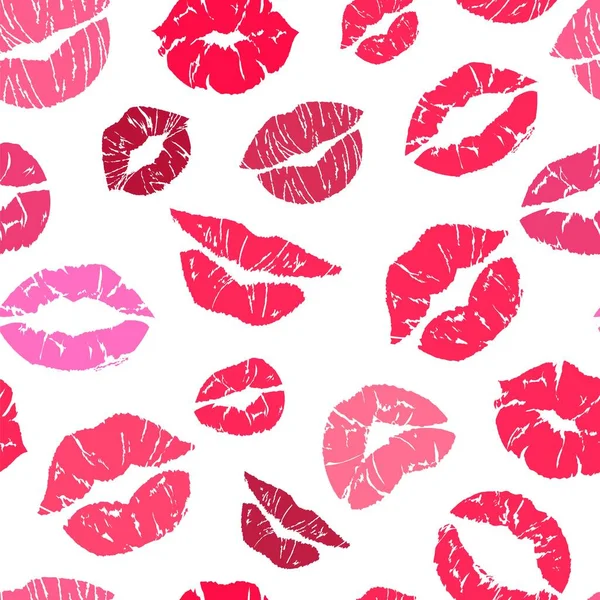 Beso lápiz labial patrón sin costuras. Maquillaje labios símbolos, besos siluetas, San Valentín fondo de día, belleza y cosméticos textura decoración textil, papel de envolver papel pintado vector de impresión — Archivo Imágenes Vectoriales