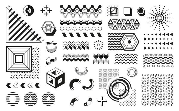 Memphisi geometriai formák. Retro fekete-fehér félhang minta és trendi design elemek. Absztrakt modern minimális formák, pontok és vonalak. Vektor kerek és négyzet alakú elszigetelt háttér — Stock Vector