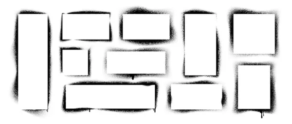 スプレーステンシルフレーム。現実的な落書きの境界線とスプラッタ効果。要旨黒のエアブラシラフな質感。絵画、ベクトルセットのスプラッシュや滴と正方形と長方形の形状 — ストックベクタ