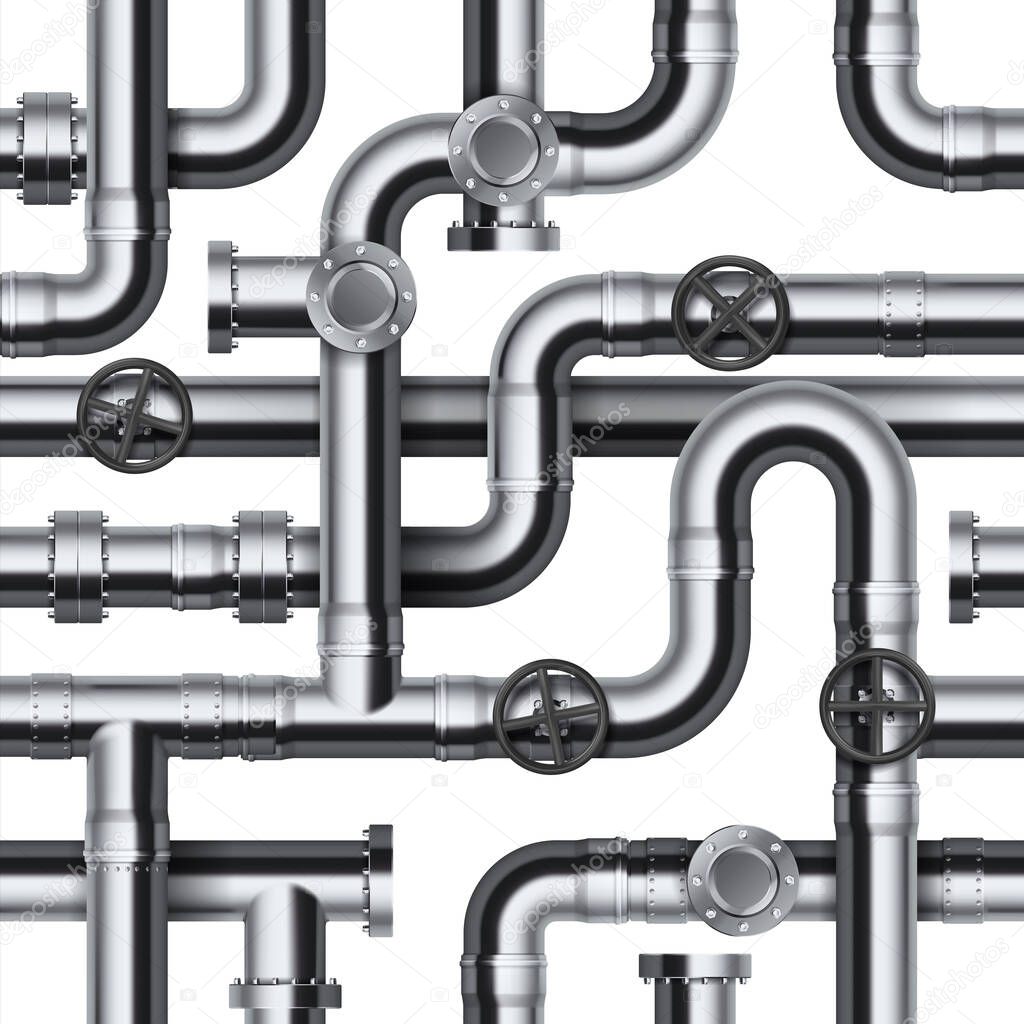 Seamless pipeline pattern. Realistic water and gas engineering plumbing system. 3D steel cylindrical tube constructions. Round valves and pipe connection with bolts, vector template