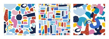 Çağdaş karalama kalıbı. Kusursuz bir arka plan, soyut karalama şekilleri, damlalar ve doğal formlar. Modern el çizimi geometrik elementler. İzole edilmiş sonsuz yazdırma seti