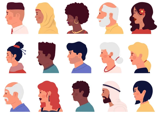 Profil postaci. Ludzie z kreskówek patrzą na boczne portrety. Różne narodowości Arabscy, azjatyccy i muzułmańscy mężczyźni i kobiety. Młodzi i starzy mężczyźni i kobiety. Awatary wektorowe ustawione — Wektor stockowy