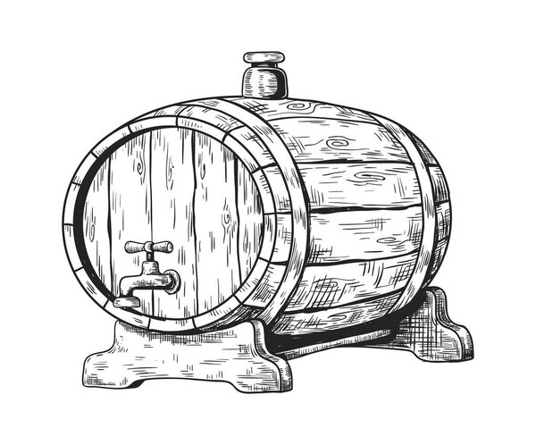 Hand drawn wooden keg with beer. Round cask with faucet and plug. Liquid storage for pub and brewery or winery. Traditional container from oak. Retro sketch, vector detailed illustration