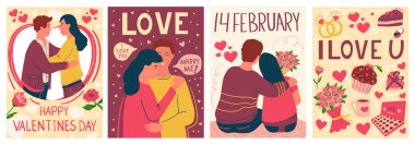 Romantik çift posterleri. Karikatür Sevgililer Günü tebrik kartları. Sevgililer için Şubat tatili. Romantizm ve kadınlarla ilişki sahneleri. Şirin kare pankartlar, vektör seti