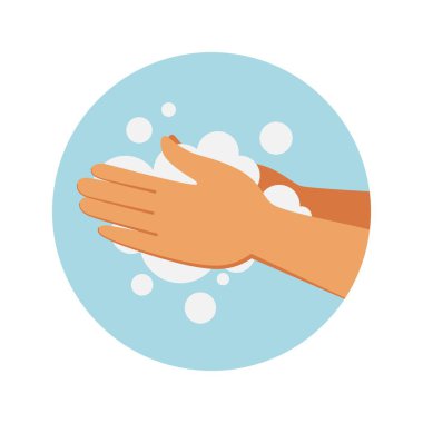 Sabunlu el yıkama. Temizlik işlemi. Çizgi film sabunlu kollu ikon. İnsan uzuvları ve temizleyici köpük. Hijyen ve hijyen güvenliği. Tuvalet için izole bilgi işareti, vektör düz poster