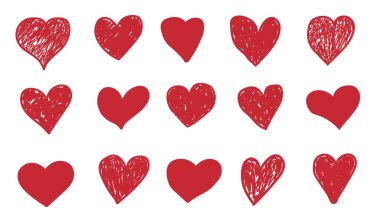 Karalama kalpler. El çizimi kırmızı semboller. Ayrı boyanmış ya da gölgeli şekiller. Sevgililer Günü tebrik kartları için kalem taslağı. Beyaz arkaplan ve vektör kümesinde minimalist işaretler