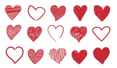 Kalp karalama simgeleri. Sevgililer Günü davetiyesi ve tebrik kartları için romantik kırmızı semboller. El yapımı dekoratif elementler. Taslak ya da boyalı çizimler. Kalem biçimi aşk işaretleri, vektör kümesi