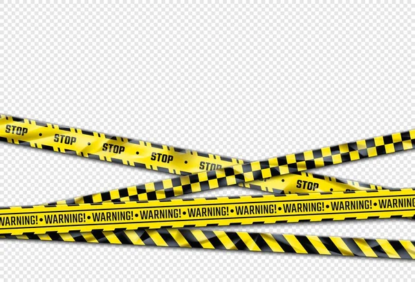 Waarschuwingslint. Realistische barricade tape. Zwarte en gele barrière, stopbord. Waarschuwing lijnen met herhaalde ornament en strepen. Decoratieve poster en kopieerruimte. Vectorpolitiekordon — Stockvector