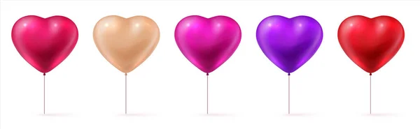 Sevgililer Günü balonları. Gerçekçi 3D kırmızı, pembe ve mor şişirilmiş formlar. Kalp şeklinde romantik dekoratif elementler. Çocuklar ve aşıklar için parlak hediyeler. Ayrı nesneler, vektör seti — Stok Vektör
