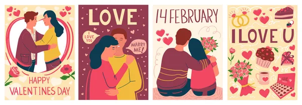 Romantic couple posters. Cartoon Valentines Day greeting cards. February holiday for lovers. Romance and relationship scenes with embrace men and women. Cute square banners, vector set — Stock Vector