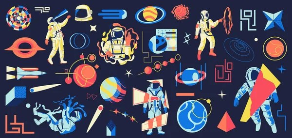 Astronauta de galaxia. Cosmos psicodélicos futuristas de dibujos animados con cosmonautas o planetas. Formas cósmicas abstractas y naves espaciales. Dibujo planetario de astronomía. Exploradores del universo, conjunto de vectores — Vector de stock