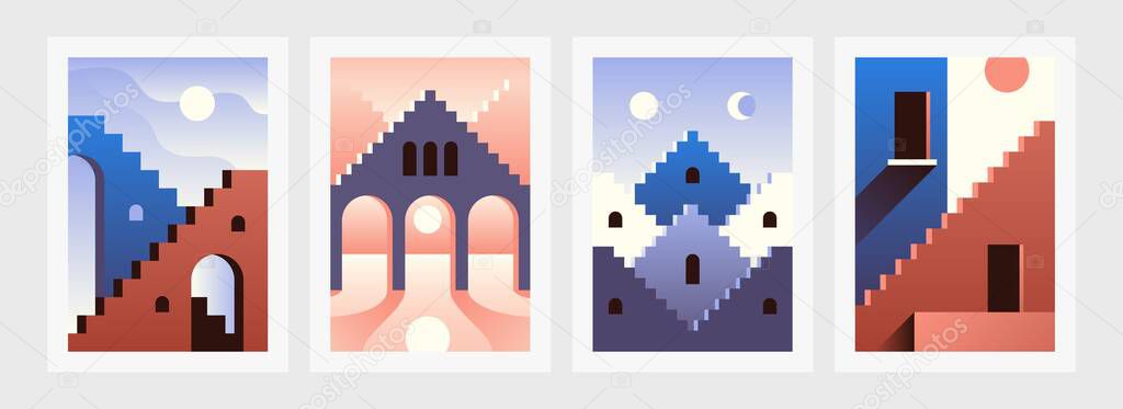 Contemporary stairs. Abstract geometry posters with architectural elements and buildings. Stepped roofs and arches. Sun or moon in sky. Banners of cityscape. Oriental town, vector set