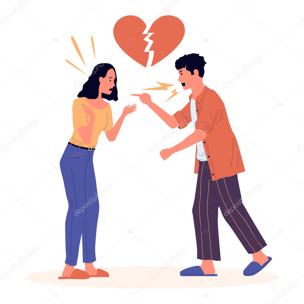Divorce. Cartoon couple dissolution. Quarrel between man and woman. Young people shouting. Family conflict scene, problem in relations. Isolated broken heart sign. Vector illustration