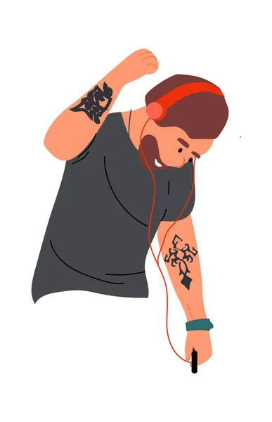 Muž tančí a poslouchá hudbu. Jednoduchá kreslená mužská postava po pás s mobilními a červenými sluchátky. Boy with tattoo leisure time, entertainment concept vector isolated illustration — Stockový vektor