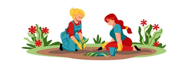 Caricature de travailleurs agricoles. Femmes plantant des semis. Jardiniers s'occupant des plantes. Des personnes isolées travaillant dans le jardin. Agriculteurs cultivant des fleurs ou des légumes. Illustration vectorielle — Image vectorielle