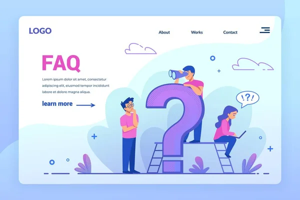 Pagina di destinazione FAQ. Servizio di assistenza clienti online. Concetto di domande frequenti. Progettazione interfaccia sito web con pulsanti e punto esclamativo. Assistenza Web, modello UI vettoriale — Vettoriale Stock