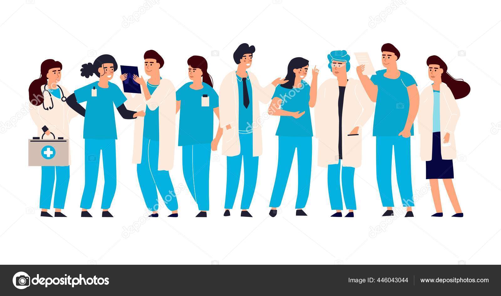 Equipa de médicos e enfermeiros. Pessoal médico dos desenhos