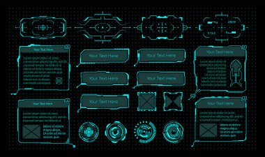 İnsan Kaynakları elementleri. Sanal sanal oyun arayüzü. Kopya alanı, dürbünü ve radarı olan neon çerçeveler. Dijital gösterge paneli izole şablonlar ayarlandı. Vektör VR UI paneli