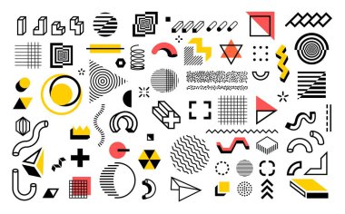 Soyut geometrik şekiller. Modern Memphis elementleri. Dekoratif arka plan, çizgiler ve şekiller çok az. Taslak kuluçka formları ya da noktaların bileşimi. Basit kontur vektör kümesi