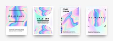 Pearlescent posterleri. Soyut holografik gökkuşağı metal gradyanı, menekşe ve pembe hologram geometrik şekilleri. Vektör 90 'lar kopya alanı ile yatay minimalist arkaplan seti