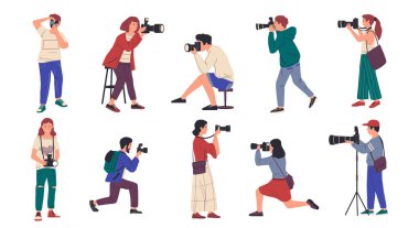 - Fotoğrafçılar. Profesyonel kameralı çizgi film insanları fotoğraf çekiyor. Erkekler ve kadınlar fotoğraf çeker. Fotoğraf muhabiri kariyeri ya da paparazzi işgali. Hippilerin hobisi, vektör kümesi