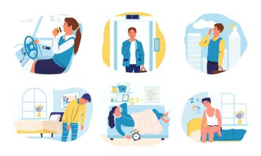 Uykusuzluk. Çizgi filmdeki esneyen erkekler ve kadınlar uyumak ister. Sıkılmış, bitkin insanların sahneleri. Uykulu karakterler evde ve işte ya da nakilde. Sabah uyanmak zor olacak.