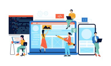Uygulama geliştirme. Web sayfası içerik yönetimi. Proje kodlama ve programlama konsepti. İşçiler bilgisayarlar ve cep telefonları için internet hizmeti oluşturuyorlar. Vektör çalışan programcı tasarımcı