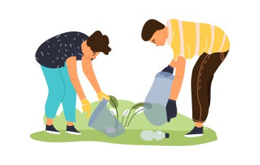 Çöpten temizlik alanı. Gönüllüler çöpleri topluyor. İnsanlar parktaki plastik atıkları geri dönüşüm için birlikte çalışıyorlar. Kadın ve erkek çöp torbalarına çöp koyuyorlar. Çevre için vektör bakımı