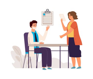 Doktor ve hasta. Tıbbi kontrol konsepti. Klinikteki hekim danışman kadın, terapist muayene ediyor ve teşhis koyuyor. Sıhhiyeyle randevum var. Vektör sağlık ve ilaç