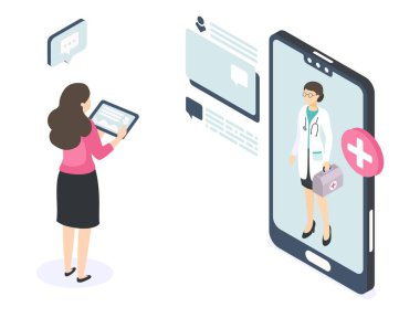 Çevrimiçi doktor izometrik kavramı. Tıbbi danışma sohbeti. Soruları cevaplayan doktorlara hizmet. Sıhhiye ve hastalar arasındaki iletişim. Vektör sağlık tavsiyeleri