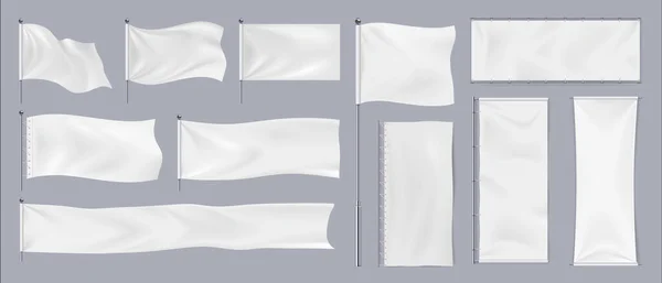 Realistiska textilbanderoller. 3D viftar bomullsflaggor. Tygskyltar för reklam. Vit duk hängande på kromställ. Horisontella eller vertikala pennanter för varumärkesidentitet, vektoruppsättning — Stock vektor