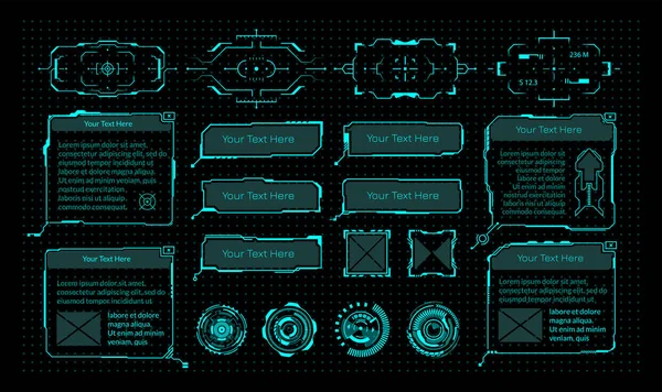 HUD要素。サイバーパンク仮想ゲームインターフェース。コピースペース、ラウンドファインダーやレーダーや武器の観光スポットとネオンフレーム。デジタルダッシュボードの独立したテンプレートセット。ベクトルVR UIパネル — ストックベクタ