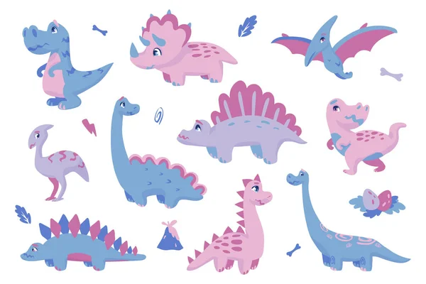 Lindos dinosaurios. Adorable clipart de dino. Animales extintos del período Jurásico, reptiles prehistóricos. Funny tyrannosaurus and brachiosaurus, cartoon stegosaurus or triceratops, vector set — Vector de stock