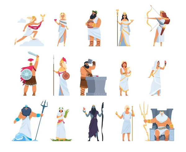 Dessin animé dieux grecs. Membres du panthéon divin de Grèce. Mythologie personnes en toge et casque doré ou couronne. Collection de divinités olympiennes, jeu de personnages de légendes vectorielles magnifiques — Image vectorielle