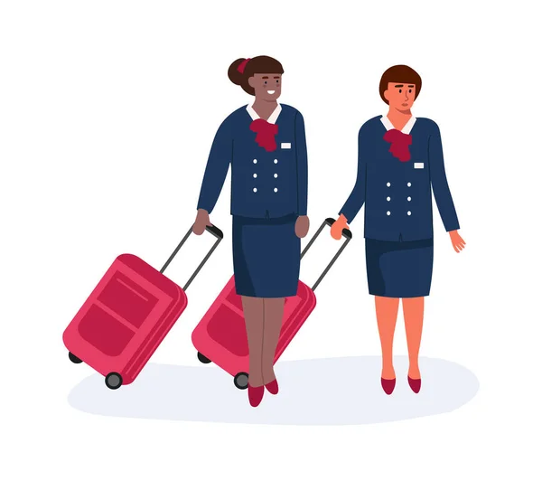 Stewardess. Stewardess mit Gepäck. Stehende Frauen in Uniform. Flugbegleiter begleiten den Flug. Karriere- und Berufskonzept. Flughafenmitarbeiter von Vector mit Koffern auf Rädern — Stockvektor