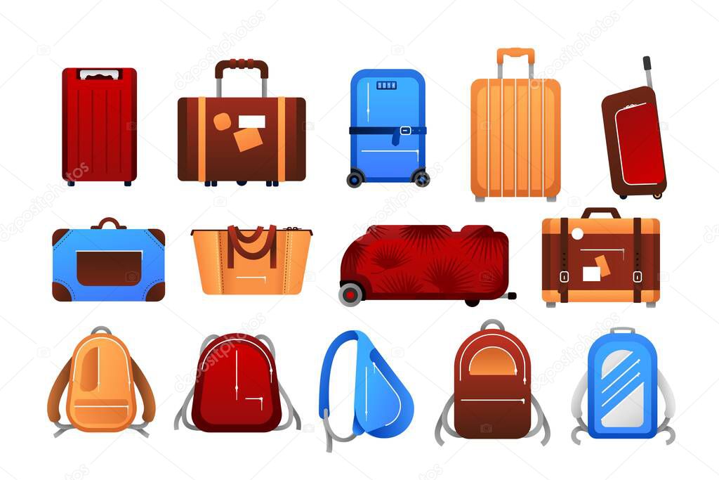 Suitcases. Cartoon travel airport luggage for journey collection, different trip baggage with case, leather bags and backpacks in blue and brown colors. Vector flight suitcase isolated set