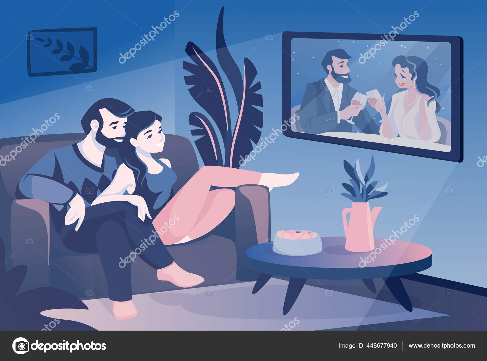 Couple watch TV. Family sitting on couch and watching television show, husband and wife spend time together. Leisure pastime in evening. Comfortable living room interior. Vector scene Stock Vector Image by ©SpicyTruffel # Couple watch TV. Family sitting on couch and watching television show, husband and wife spend time together. Leisure pastime in evening. Comfortable living room interior. Vector scene Stock Vector Image by ©SpicyTruffel #
