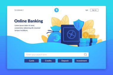 Çevrimiçi bankacılık iniş sayfası. Ödeme servisi. Banka web sitesi için arayüz. Web işlemleri veya döviz kurları, tasarruf ve yatırımlar. Düğmeli vektör UI tasarımı ve kopyalama alanı