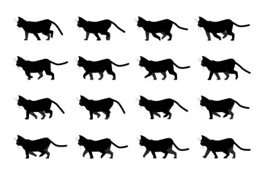 Kedi yürüyüşü animasyonu. Evcil hayvan silueti. Sarı gözlü yürüyen siyah kedi yavrusu. Hareket eden evcil hayvanın yandan görünüşü. Çizgi film kedisi cinsi, animasyon sekansı. Vektör karakter hareketi
