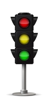 Gerçekçi şehir trafik ışığı. Yeşil ve kırmızı renkte vektör trafik ışığı, şehir yolu ve kavşak güvenliği, sokak düzenleme sistemi vektörü 3d yatay tek bir nesne sinyali