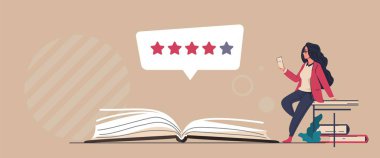 Kitap incelemesi. Yayınlarla ilgili yorumlar için internet hizmeti. Okuyucu geri bildirimi. İnsanlar hikaye ve romanlar hakkında görüşlerini okuyup paylaşıyorlar. Edebiyat değerlendirmesi konsepti. Vektör edebiyat eleştirmeni