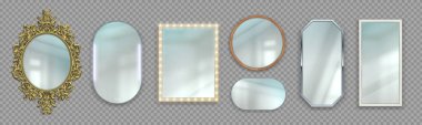 Realistic mirrors. 3D round and rectangular reflective surfaces. Modern or classic and vintage frames. Framework with bulbs. Vector interior furniture set on transparent background clipart