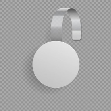 Wobbler şablonu. Plastik şeritte asılı boş yuvarlak etiket. Şeffaf arkaplanda 3 boyutlu promosyon etiketi. İndirim veya satış reklam afişi, vitrin için vektör etiketi
