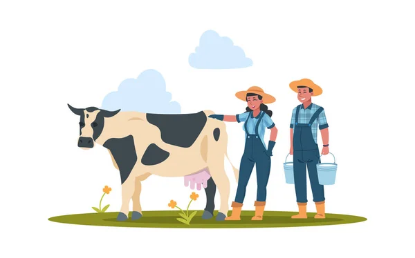 Fermiers avec vache. Des personnages qui travaillent dans l'agriculture. Homme et femme s'occupent des animaux domestiques. Ouvriers agricoles tenant des seaux avec du lait neuf. Les bovins produisent des produits laitiers. Illustration vectorielle — Image vectorielle