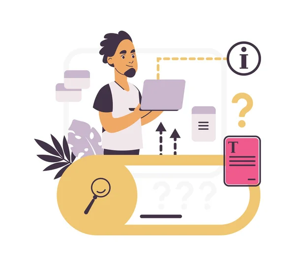 Preguntas frecuentes. Concepto de atención al cliente. Asistencia en línea y comentarios corporativos. La gente hace preguntas en el chat y obtiene respuestas y recomendaciones útiles. Hombre con portátil. Consulta vectorial — Vector de stock